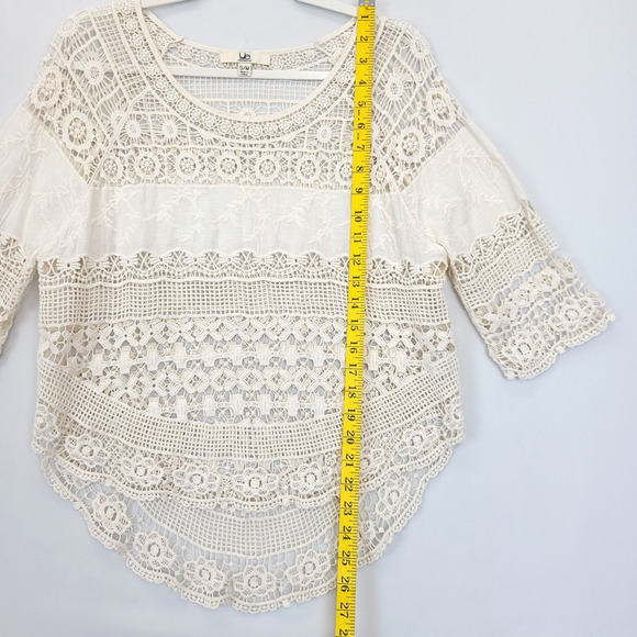 Ya Los Angles Crochet Top High Low 3/4 Sleeve‎ Women S / M Beige Boho Beachy - Picture 4 of 12